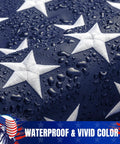 Close-up of US Flag 3x5 Outdoor Heavy Duty Nylon With Fade Resistant Embroidered Stars And Sewn Stripes showcasing water resistance.