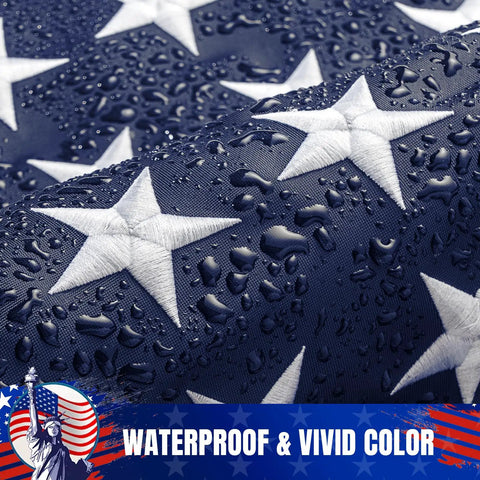 Close-up of US Flag 3x5 Outdoor Heavy Duty Nylon With Fade Resistant Embroidered Stars And Sewn Stripes showcasing water resistance.