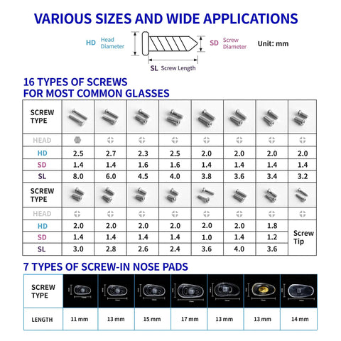 Various sizes and wide applications of screws and nose pads for glasses.