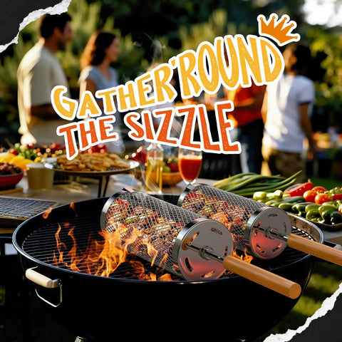 Rolling Grill Basket Two Pack Stainless Steel Grilling Basket With Removable Wooden Handle on BBQ with veggies and meats