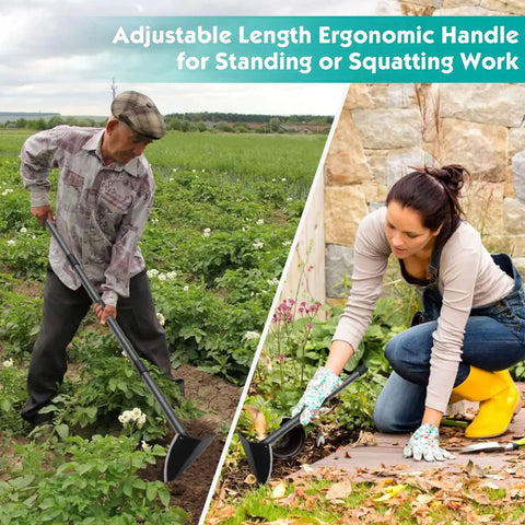 Man and woman using Triangle Garden Hoe With A 60 Inch Long Handle For Weeding Digging And Loosening Soil Heavy Duty Metal Garden Tool