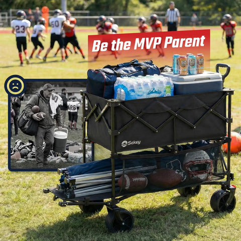 500 Lbs Heavy Duty Double Decker Wagon With Extender 400 L Large Capacity Collapsible Garden Cart on a sports field