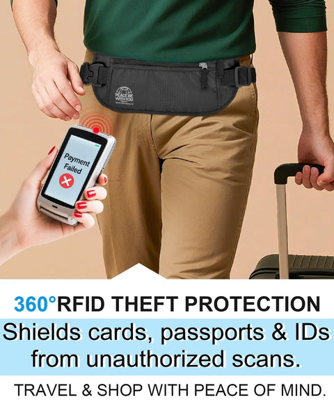 Travel Money Belt With RFID Blocking And Sweat Proof Heavy Duty Buckle Anti Theft Waist Wallet Stash shown worn under clothes