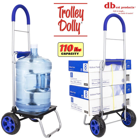 Foldable Trolley Dolly Shopping Cart For Groceries With Heavy Duty Wheels And Removable Bag shown holding water jug and paper boxes