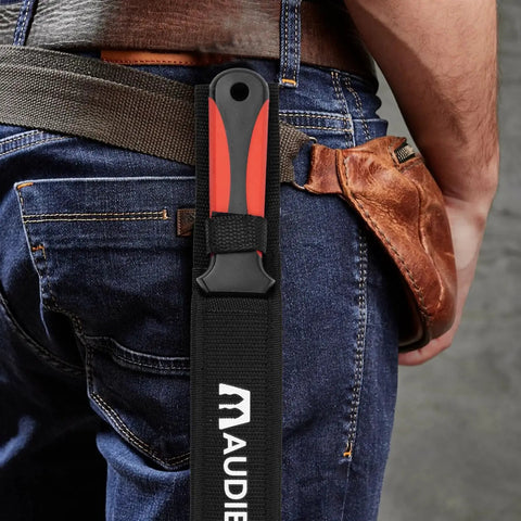 Stainless Steel Insulation And Sod Cutter Knife With 11.14 Inch Double Sided Blade in Nylon Sheath attached to worker's belt.