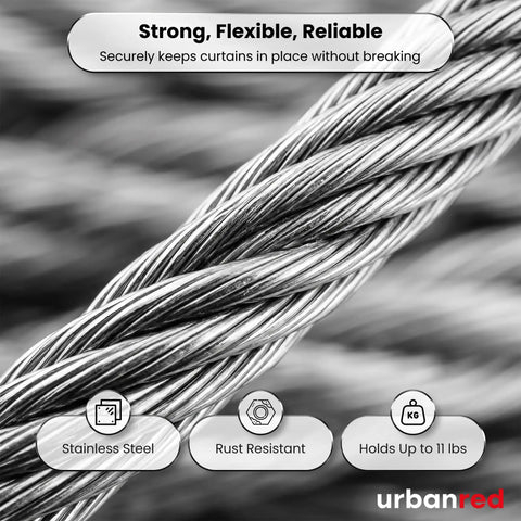 Stainless Steel Curtain Wire Rod Set 16.4 Ft With 24 Clips And Corner Connectors For Easy No Fuss Flexible Angled Installations Great For Windows Balconies Or Wall Mounted Curtain Panels, stainless steel wire close-up