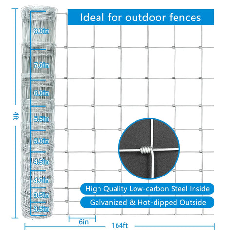 Heavy Duty Farm Fence 4Ft By 164Ft Galvanized Hog Wire Fence For Livestock Yard Cattle Sheep Goat Protection Zinc Coated 14 Gauge Steel