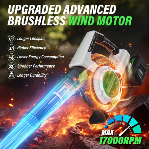 3 In 1 Cordless Leaf Blower Vacuum Mulcher With Brushless Motor 385 CFM And Five Speed Control on fiery background