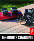 Heavy Duty Seven Quarter Inch Cordless Circular Saw Featuring Rear Handle And Brushless Motor Provides Killer Cuts Through Lumber Legit Forty Volt Dual Battery Kit With Two Five Amp Hour Cells And Quick Charge Station on charging station with two batteries.
