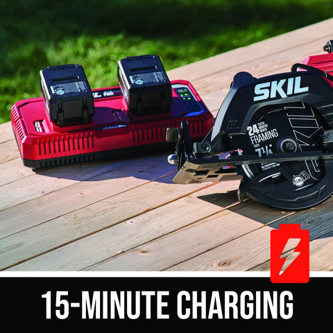 Heavy Duty Seven Quarter Inch Cordless Circular Saw Featuring Rear Handle And Brushless Motor Provides Killer Cuts Through Lumber Legit Forty Volt Dual Battery Kit With Two Five Amp Hour Cells And Quick Charge Station on charging station with two batteries.