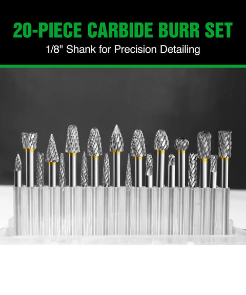 20-piece carbide burr set with 1/8" shanks; assorted double-cut bits for milling, carving, engraving