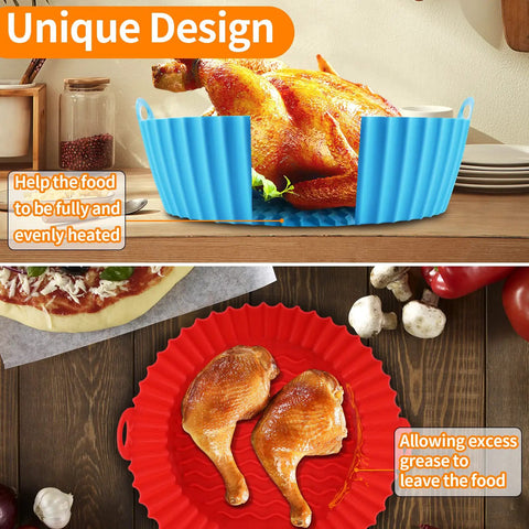 Three Pack Silicone Air Fryer Pots 7.5 Inch Basket Reusable Liner Food Grade Safe Silicone No Mess No Stress Cleanup Replacement