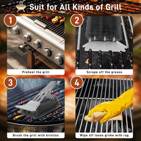 Steps for using Heavy Duty Grill Brush And Scraper With 18 Inch Adjustable Handle For Outdoor Gas And Charcoal Grills Bottle Opener Included No Mess Cleanup Extra Strong Grill Cleaner For Grates And Racks