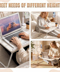 White Adjustable Laptop Desk For Bed With Storage Drawer And Phone Stand 23.6 Inch Large Surface 7 Position Height Settings in use with laptop and notebook.