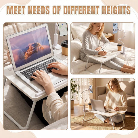 White Adjustable Laptop Desk For Bed With Storage Drawer And Phone Stand 23.6 Inch Large Surface 7 Position Height Settings in use with laptop and notebook.