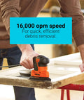 Pro Grade Detail Sander with 1.2 Amp Motor 16,000 OPM in use for sanding a wooden surface, highlighting three position comfort grip.