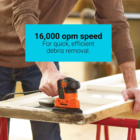 Pro Grade Detail Sander with 1.2 Amp Motor 16,000 OPM in use for sanding a wooden surface, highlighting three position comfort grip.
