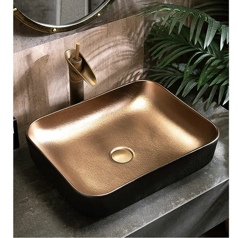 USZWBY Vessel Sinks Bathroom Sink, Art Ceramic Rectangular Vessel Basin Vanity, Under Cabinet Countertop for, Black Bathroom Bowl Sink with elegant gold interior