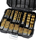 Open storage case displaying Titanium Coated HSS Drill Bit Set, 100-Piece Pro Grade Master Kit for metal, wood, plastic, aluminum and copper.