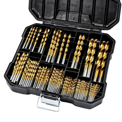 Open storage case displaying Titanium Coated HSS Drill Bit Set, 100-Piece Pro Grade Master Kit for metal, wood, plastic, aluminum and copper.