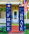 Totally Ready To Hang Patriotic Party Decor Kit With Preassembled Hanging Banners For 4th Of July Memorial Day Veterans Day Labor Day Flag Day Armed Forces Homecoming Red White And Blue Celebration Accessories, featuring 'Home of the Free' and 'Because of the Brave' designs on house porch.