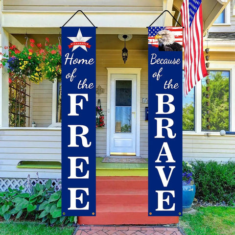 Totally Ready To Hang Patriotic Party Decor Kit With Preassembled Hanging Banners For 4th Of July Memorial Day Veterans Day Labor Day Flag Day Armed Forces Homecoming Red White And Blue Celebration Accessories, featuring 'Home of the Free' and 'Because of the Brave' designs on house porch.