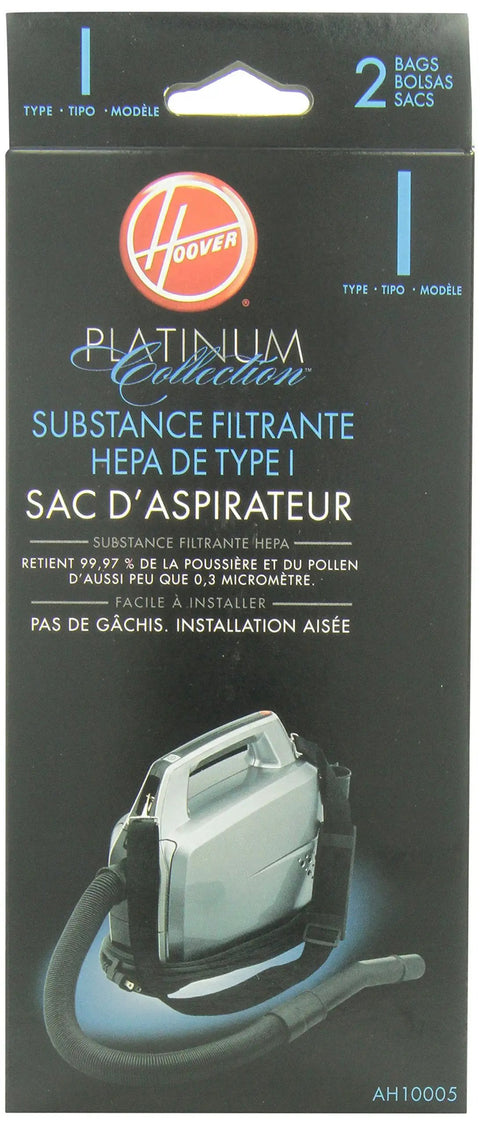 Type I 5 Layer HEPA Vacuum Bags For Platinum Canister Vacs Pack Of 2 Self Sealing Refill AH10005 box front view