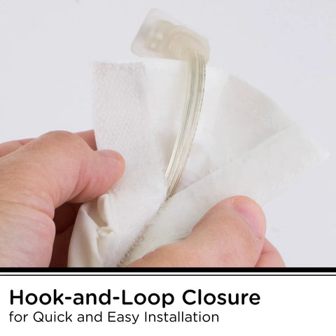 Hands demonstrating hook-and-loop installation of Fabric Cord Cover 6 Ft Conceals Cables From Lamps, Light Fixtures And Desks.