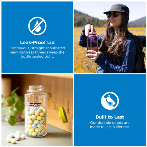 Collage showing 32 Oz Wide Mouth Hydration Bottle for everyday use, leak proof and BPA free in outdoor and indoor settings.