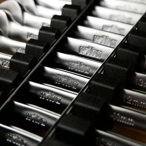 Close-up of 12 Piece Metric Wrench Set For Pro Mechanics, Built To Last Chrome Vanadium Build, in sturdy carry case organizer
