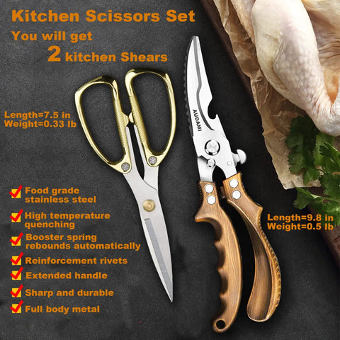 Heavy Duty Kitchen Shears Two Pack Poultry And Meat Scissors Set Bone Cutting Scissors For Cooking And Grilling Durable Stainless Steel Easy Clean Multipurpose Kitchen Must Have, 2 gold and wood scissors on black background