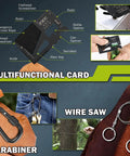 17 In 1 Survival Kit For Men And Outdoor Adventurers showing multifunctional card, carabiner, and wire saw details