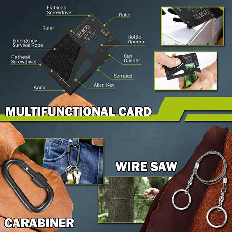 17 In 1 Survival Kit For Men And Outdoor Adventurers showing multifunctional card, carabiner, and wire saw details