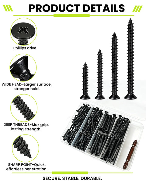 130pc Black Wood Screws Set With Long Phillips Flat Head Screws Carbon Steel Four Size Screw Kit 0.75 Inch 1.25 Inch 1.50 Inch 2 Inch Driver Included Built For DIY Woodworking Cabinets And Furniture Projects., black wood screws in storage box with Phillips drive and four sizes