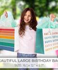 Girl holding Birthday Gift Bags Set Of 2 Large 16 Inch Gift Bags With Handles Includes Matching Tissue Paper Cards And Stickers