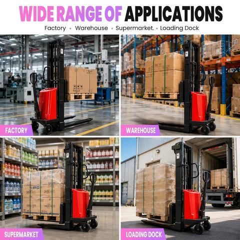 Heavy Duty Rock Solid Electric Straddle Pallet Stacker With 1.6KW Motor And 3500LB Capacity used in factory, warehouse, supermarket, and loading dock.