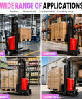 Heavy Duty Electric Straddle Stacker With 98 Inch Lifting Height And 3500 Pound Capacity Carbon Steel Build For Serious Warehouse Work This Bad Boy Packed With A Powerful Motor Makes Lifting And Moving Heavy Loads A Straightforward And Easy Breeze For in factory, warehouse, supermarket, and loading dock settings.
