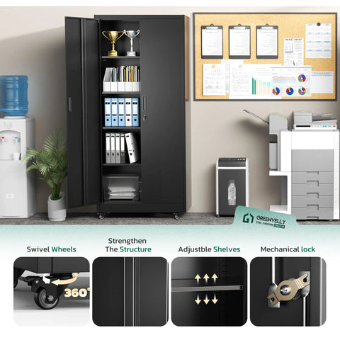 73 Inch Rolling Storage Cabinet With Locking Doors And Four Adjustable Shelves in office setting, showing interior organization features.