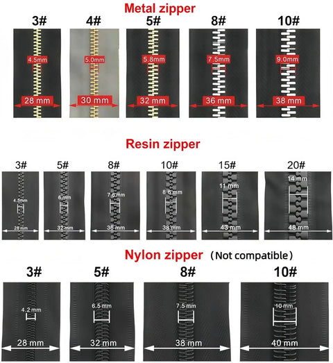 Size comparison chart for metal, resin, and nylon zippers with measurements of each type showing compatibility for Zipper Repair Kit Six Piece Set With Three Slider Sizes 3 5 And 8 And Double Sided Sliders For Quick No Sew Fix On Jackets Luggage And Backpacks For DIY Home And Outdoor Use.