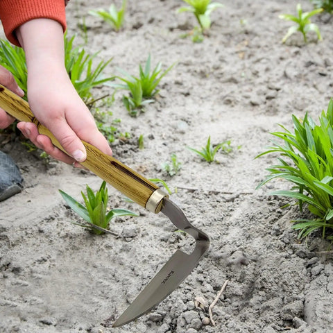Durable Hand Weeder Sickle Tool With Hardwood Handle for easy weeding, soil loosening, showing stainless steel blade in use