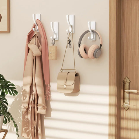 Heavy Duty Adhesive Wall Hooks 13Lb Aluminum No Damage To Wall Four Pack holding coat, purse, headphones in room