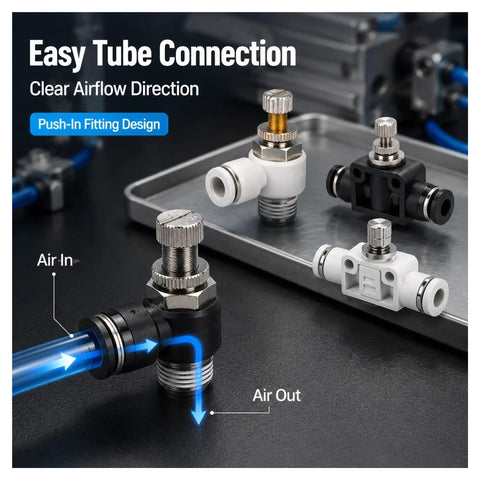 One Way Flow Control Throttle Valve For Pneumatic Systems With Push In Fitting Adjustable Air Flow Regulator For Industrial Pneumatic Lines Compatible With SL SA And SC Models And Designed For Easy Setup, black and white