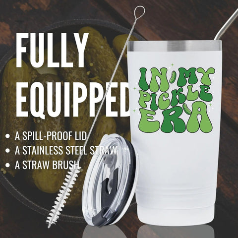 Dope Pickle Lover Travel Tumbler With Secure Spill Proof Lid 20 Oz Double Walled Stainless Steel Thermal Insulated Cup showing lid and straw.