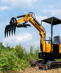 Mini Excavator Rake Attachment For 0.8 To 1.8 Ton Machines clearing vegetation on a grassy landscape