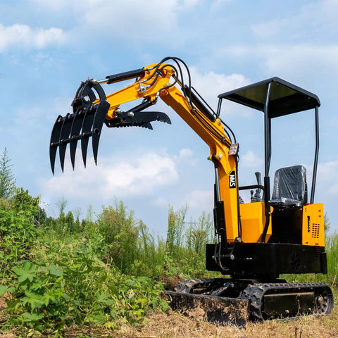 Mini Excavator Rake Attachment For 0.8 To 1.8 Ton Machines clearing vegetation on a grassy landscape