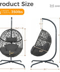 Oversized Hanging Egg Chair With Stand For Indoor Or Outdoor Use, Wicker Bird Cage Swing Chair With Dark Grey Cushion shown with dimensions