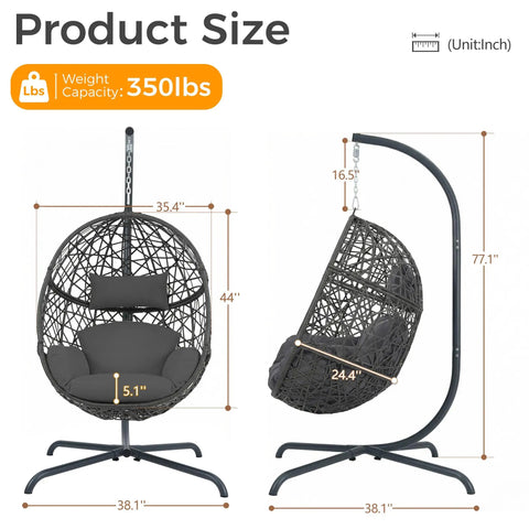 Oversized Hanging Egg Chair With Stand For Indoor Or Outdoor Use, Wicker Bird Cage Swing Chair With Dark Grey Cushion shown with dimensions
