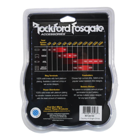 Back packaging of Rockford Fosgate accessories showing product information and specifications.