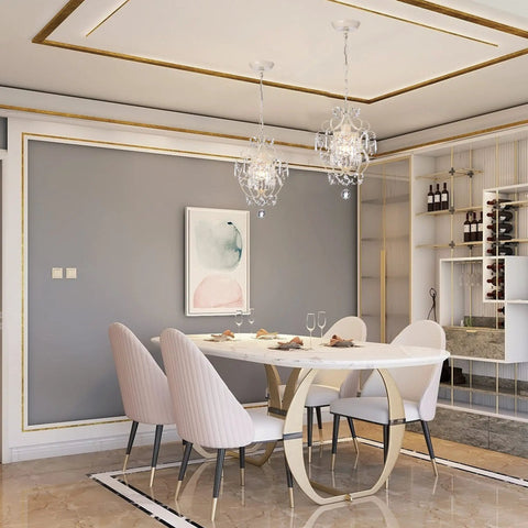 Dining room with Glam Crystal Mini Chandelier with Ivory Hardware One Light Ceiling Fixture for elegant lighting ambiance.