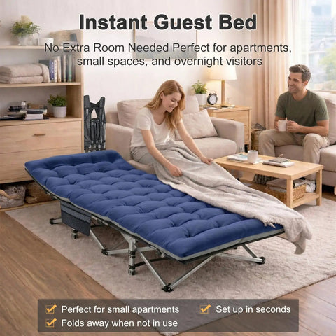 Beefy 28 Inch Wide Camping Cot for Adults with Detachable Soft Mat in living room, highlighting quick open setup.